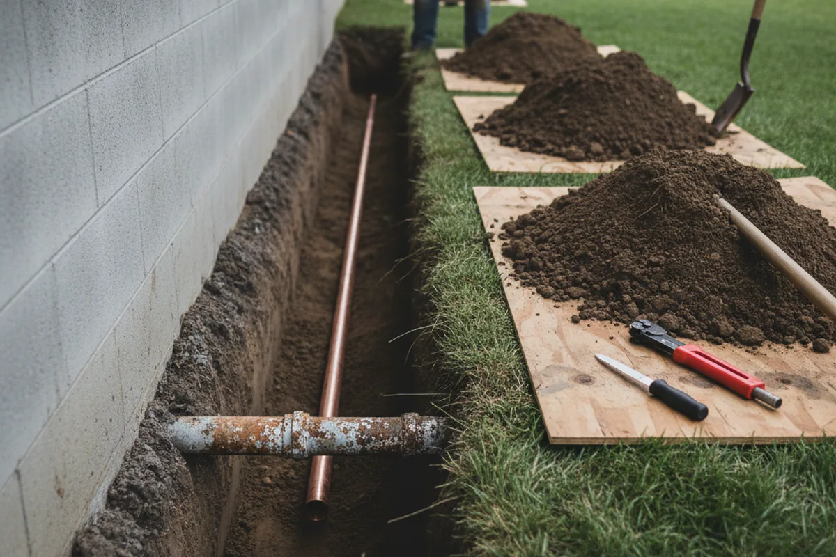 Excavated water line trench during Sewer Line Repair in Hawley